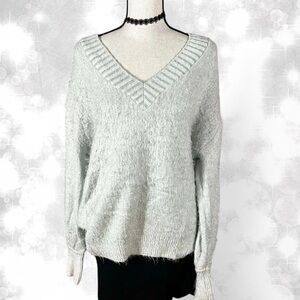 Express Light Grey Oversized V-Neck Sweater